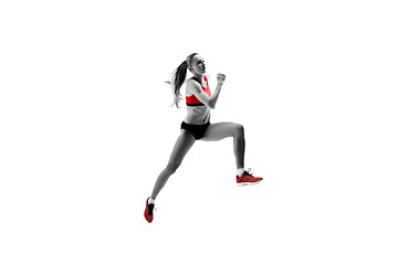 Image showing one caucasian woman running on white background