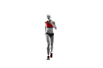 Image showing one caucasian woman running on white background