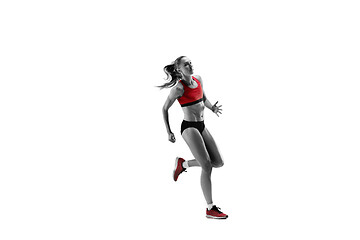 Image showing one caucasian woman running on white background