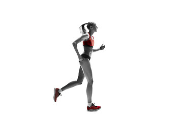 Image showing one caucasian woman running on white background