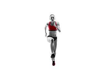 Image showing one caucasian woman running on white background