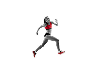 Image showing one caucasian woman running on white background