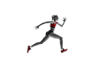 Image showing one caucasian woman running on white background