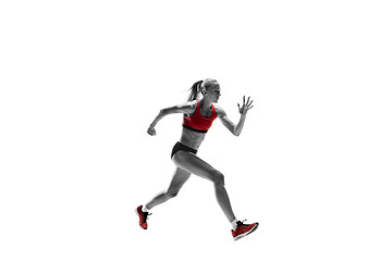 Image showing one caucasian woman running on white background