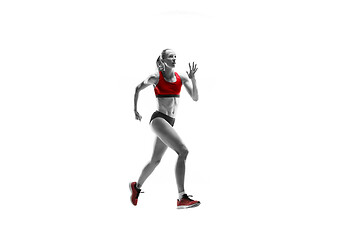 Image showing one caucasian woman running on white background