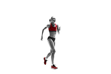 Image showing one caucasian woman running on white background