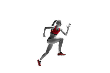 Image showing one caucasian woman running on white background