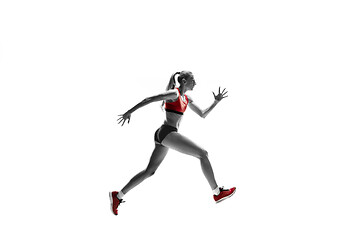 Image showing one caucasian woman running on white background