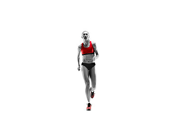 Image showing one caucasian woman running on white background