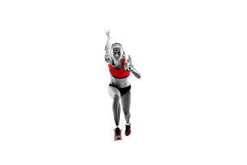 Image showing one caucasian woman running on white background