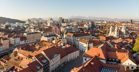 Image showing Panoramic view of Ljubljana, capital of Slovenia, at sunset. Empty streets of Slovenian capital during corona virus pandemic social distancing measures in 2020