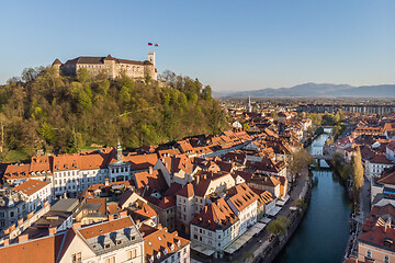 Image showing Aerial drone panoramic view of Ljubljana, capital of Slovenia in warm afternoon sun