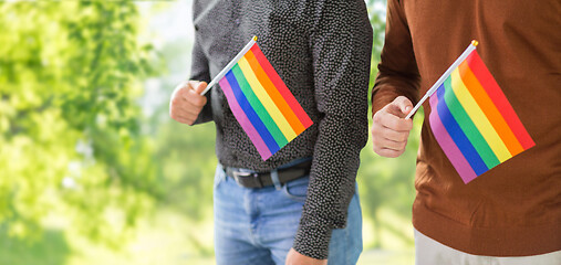 Image showing close up of male couple with gay pride flags