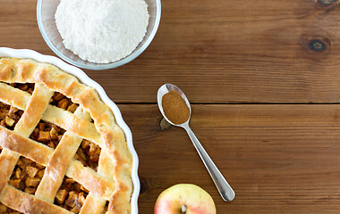 Image showing close up of apple pie on wooden table