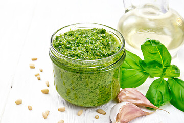 Image showing Pesto in jar on white board