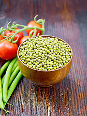 Image showing Mung beans  in bowl with vegetables on dark wooden board