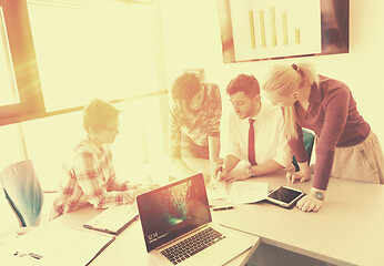 Image showing startup business team on meeting at modern office with sunset in