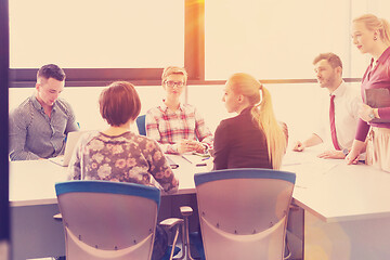 Image showing startup business team on meeting at modern office with sunset in