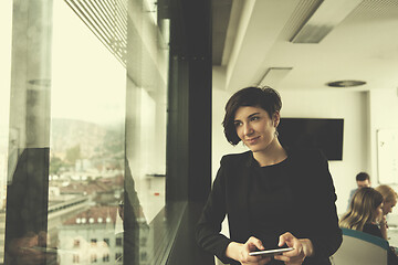 Image showing Elegant Woman Using Mobile Phone by window in office building