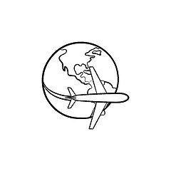 Image showing Airplane flying around the world hand drawn icon.