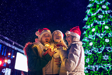 Image showing family, christmas, holidays, season and people concept - happy family over city background and snow