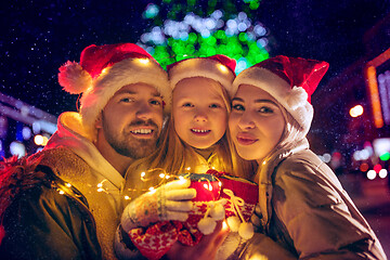 Image showing family, christmas, holidays, season and people concept - happy family over city background and snow