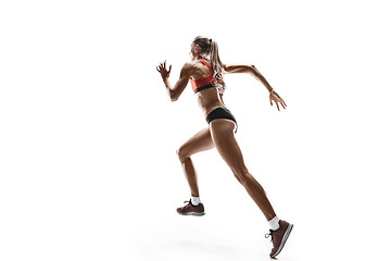 Image showing one caucasian woman running on white background