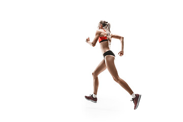 Image showing one caucasian woman running on white background