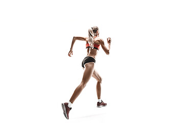 Image showing one caucasian woman running on white background