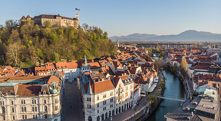 Image showing Aerial drone panoramic view of Ljubljana, capital of Slovenia in warm afternoon sun