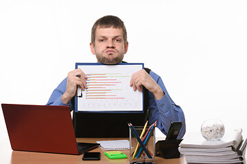 Image showing Man in office style shows graphics and puffs cheeks
