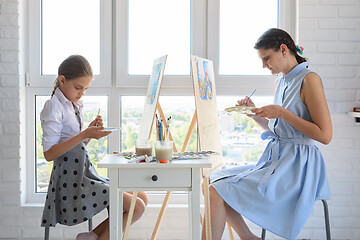 Image showing Girl and girl sit by the window at home and draw a drawing
