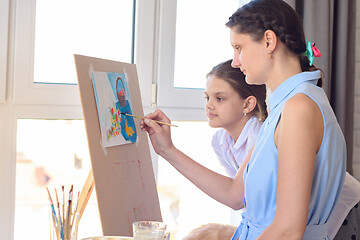 Image showing Daughter watches mom draw on an easel