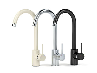 Image showing Beige, silver and black colored kitchen faucets