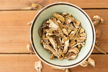 Image showing dried mushrooms in bowl on wooden background