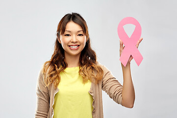 Image showing asian woman with breast cancer awareness ribbon