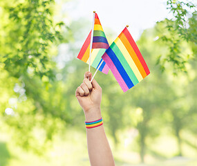 Image showing hand with gay pride rainbow flags and wristband