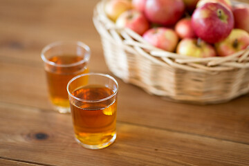 Image showing apples in basket and glasses of juice on table