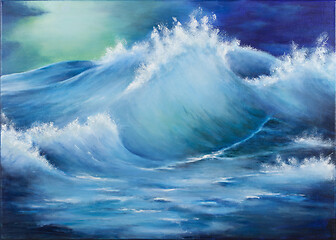 Image showing  Original oil painting showing waves in ocean or sea.