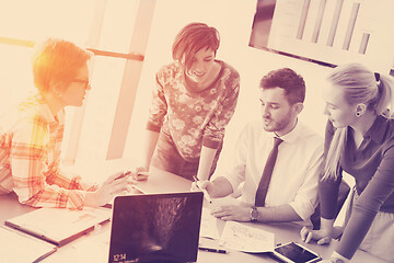 Image showing startup business team on meeting at modern office with sunset in