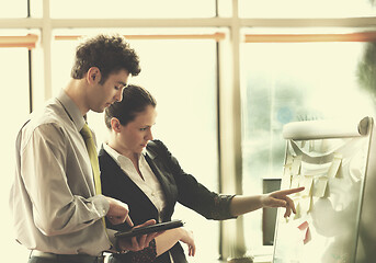 Image showing young couple working on flip board at office