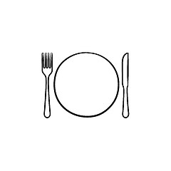 Image showing Plate with fork and knife hand drawn sketch icon.