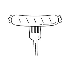 Image showing Grilled sausage on fork vector line icon.