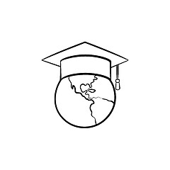 Image showing Globe in graduation cap hand drawn sketch icon.