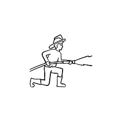 Image showing Fireman spraying water hand drawn sketch icon.