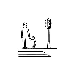 Image showing Child and parent crossing a sidewalk sketch icon.