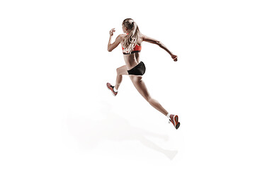 Image showing one caucasian woman running on white background