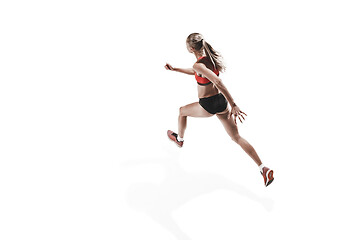 Image showing one caucasian woman running on white background