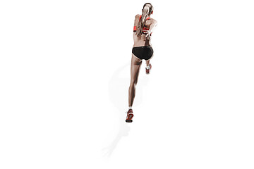 Image showing one caucasian woman running on white background