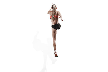 Image showing one caucasian woman running on white background